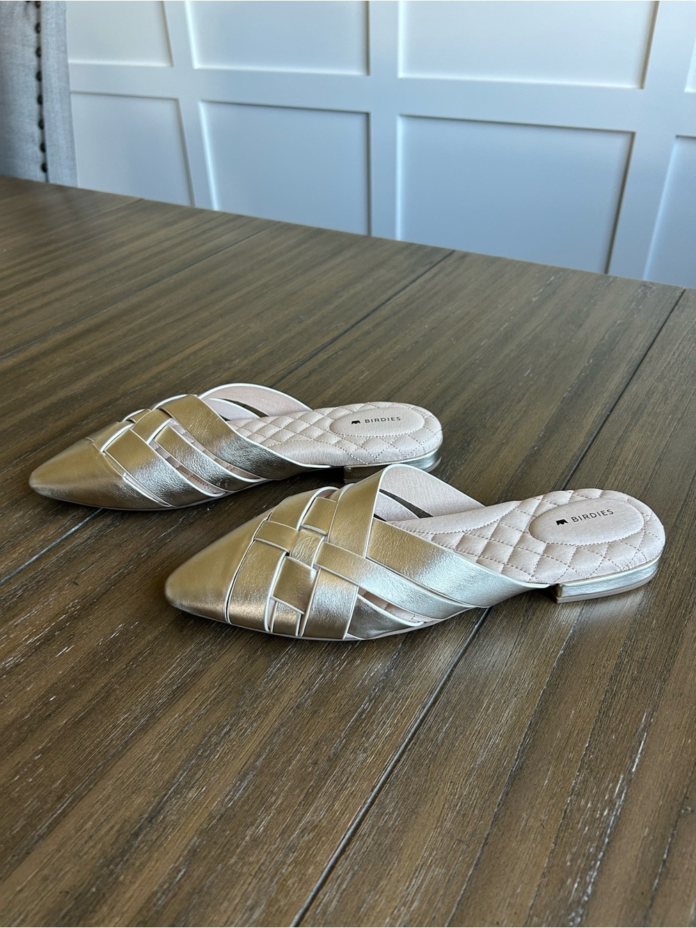 New BIRDIES The Dove - Light Gold Leather Woven Pointed Slip-On Mules - 9.5